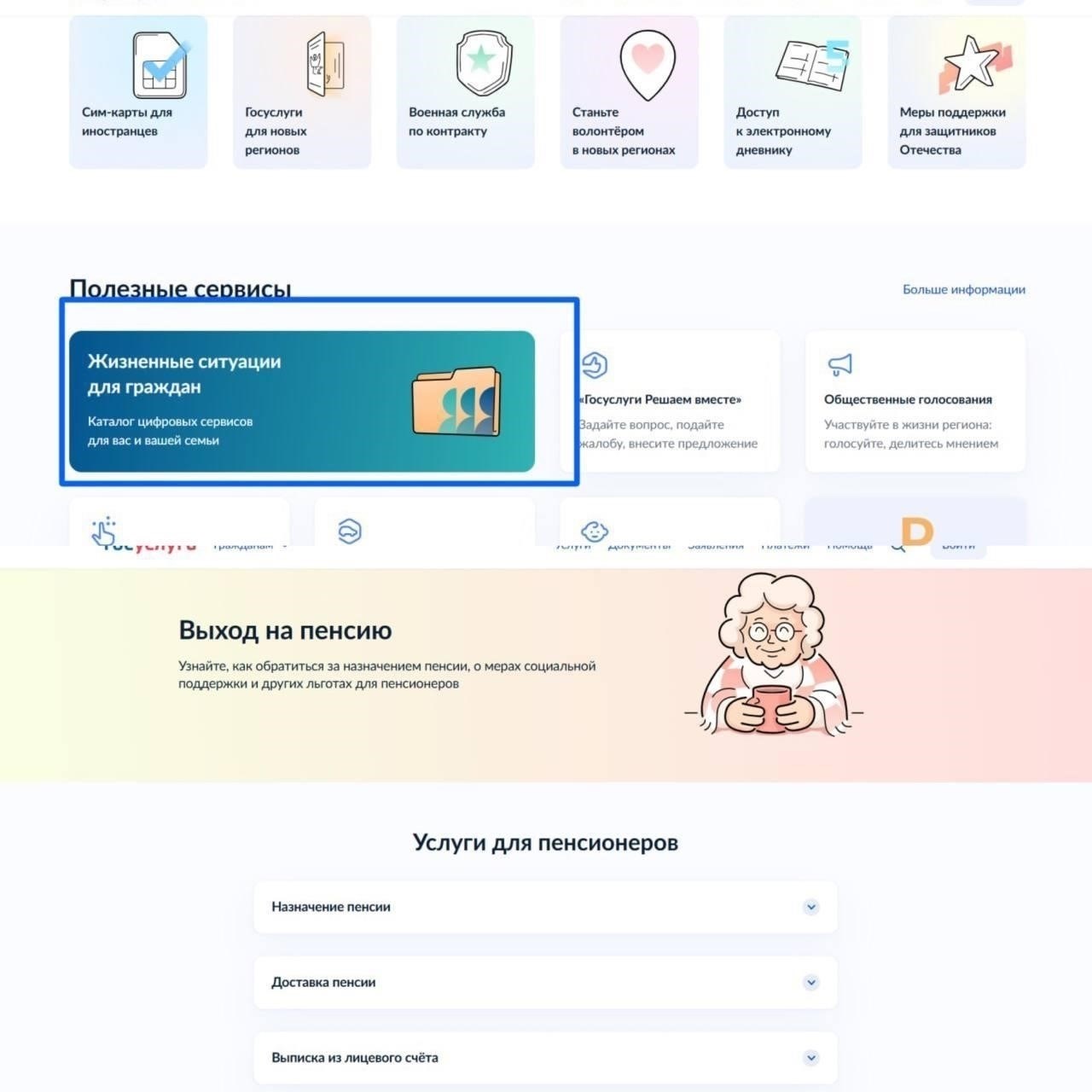 Выбор правильного раздела на сайте Госуслуг для назначения пенсии